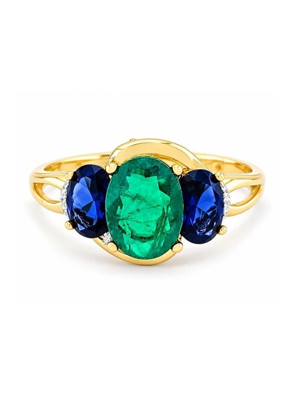 Genuine 2.11 Cts Emerald, Blue Sapphire & Diamond Ring 10k Yellow Gold